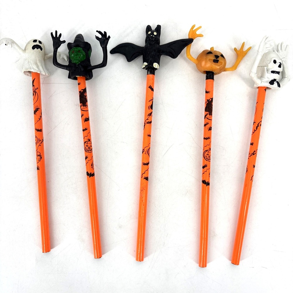 Lot of 5 Vintage 1990's Halloween Pencil Toppers Bat Pumpkin Witch Ghost